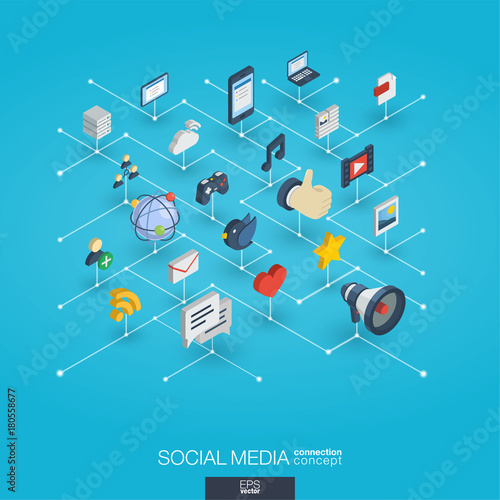 Social Media integrated 3d web icons. Digital network isometric interact concept. Connected graphic design dot and line system. Background for market service, communicate and share. Vector Infograph
