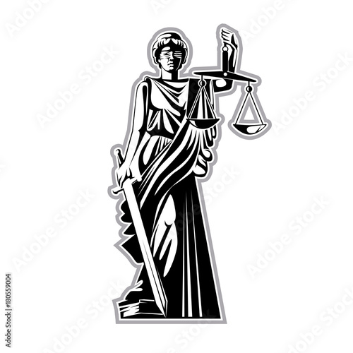 The silhouette of the statue of justice with blindfold, scales and sword.