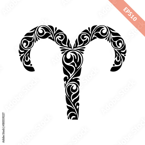 Hand drawn black ornate horoscope symbol - Aries. Zodiac icon.