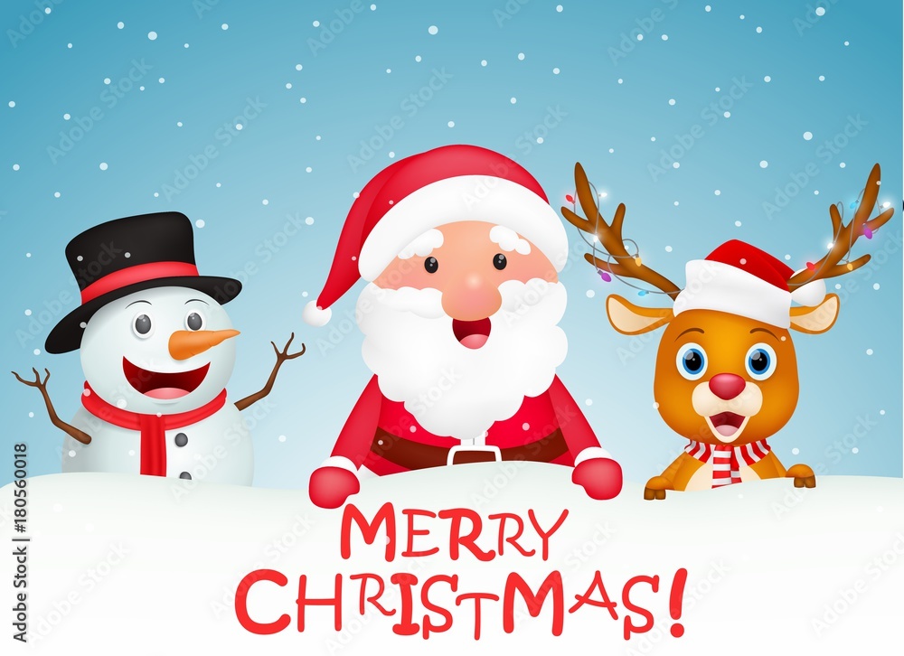 Merry Christmas background with Santa claus, snowman and reindeer Merry Christmas background with Santa claus, snowman and reindeer