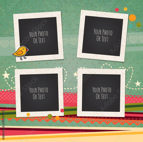 Decorative vector template frame. This photo frame you can use for kids picture or memories. Scrapbook design concept. Insert your picture.