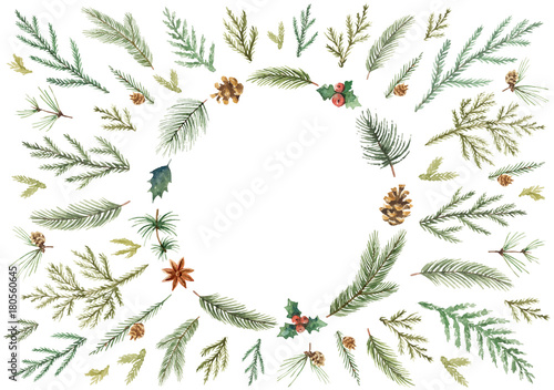 Watercolor vector Christmas card with fir branches and place for text.
