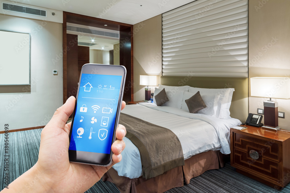 smart phone with smart home with modern bedroom smart phone with smart home with modern bedroom