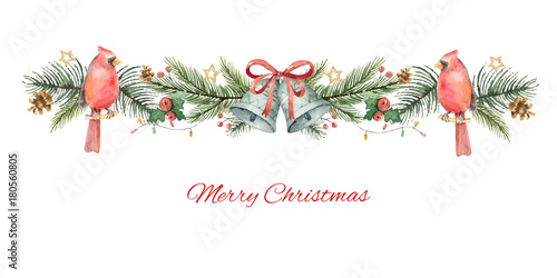 Watercolor vector Christmas banner with fir branches, Bird Cardinal and bells.