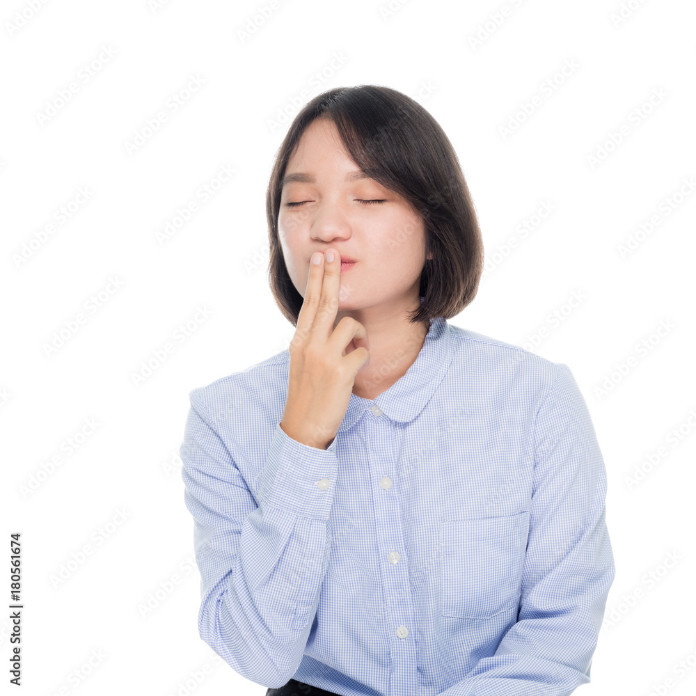 portrait of a beautiful asian woman kiss. Isolated on white background portrait of a beautiful asian woman kiss. Isolated on white background