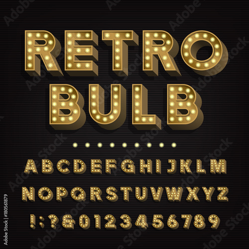 Retro sign alphabet. 3D vintage light bulb type letters and numbers. Signboard font. Stock vector typeface for your headers and any typography design.