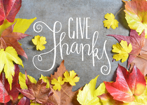 GIVE THANKS hand lettered card with autumn leaves photo