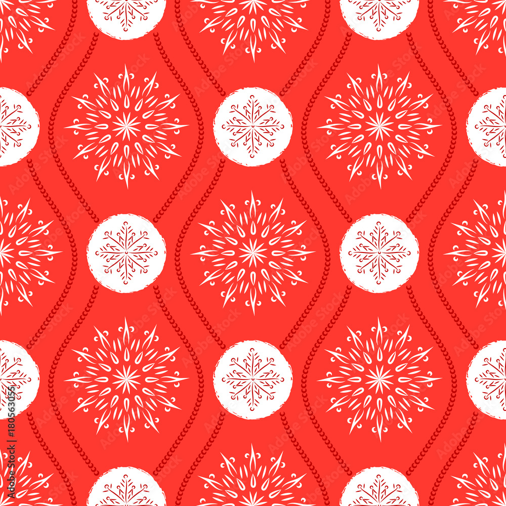 Seamless Christmas pattern. Red Christmas gifts and snowflakes on