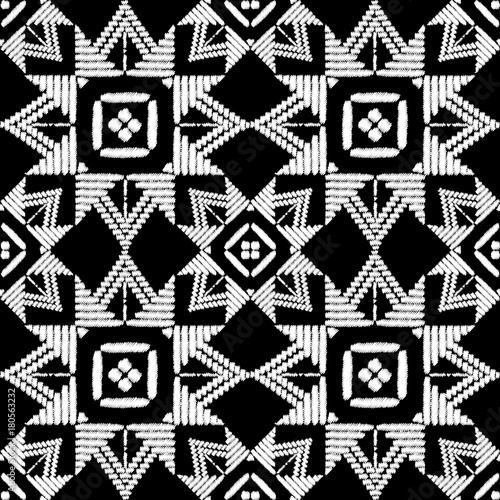 Aztec embroidery pattern design seamless vector. Abstract geometric texture with stitch handmade effect. Ethnic bohemian print with indian, african, native american, peru, chile, mexican ornament.