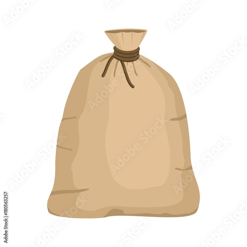 Big knotted sack full isolated on white background. Brown textile bag of potatoes or grain. Canvas sack closeup vector illustration.