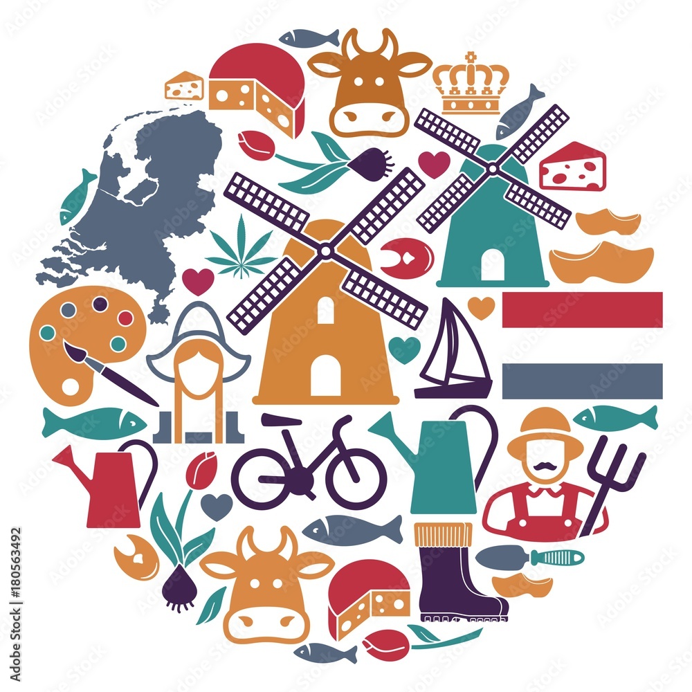 The symbols of the Netherlands in the shape of a circle The symbols of the Netherlands in the shape of a circle