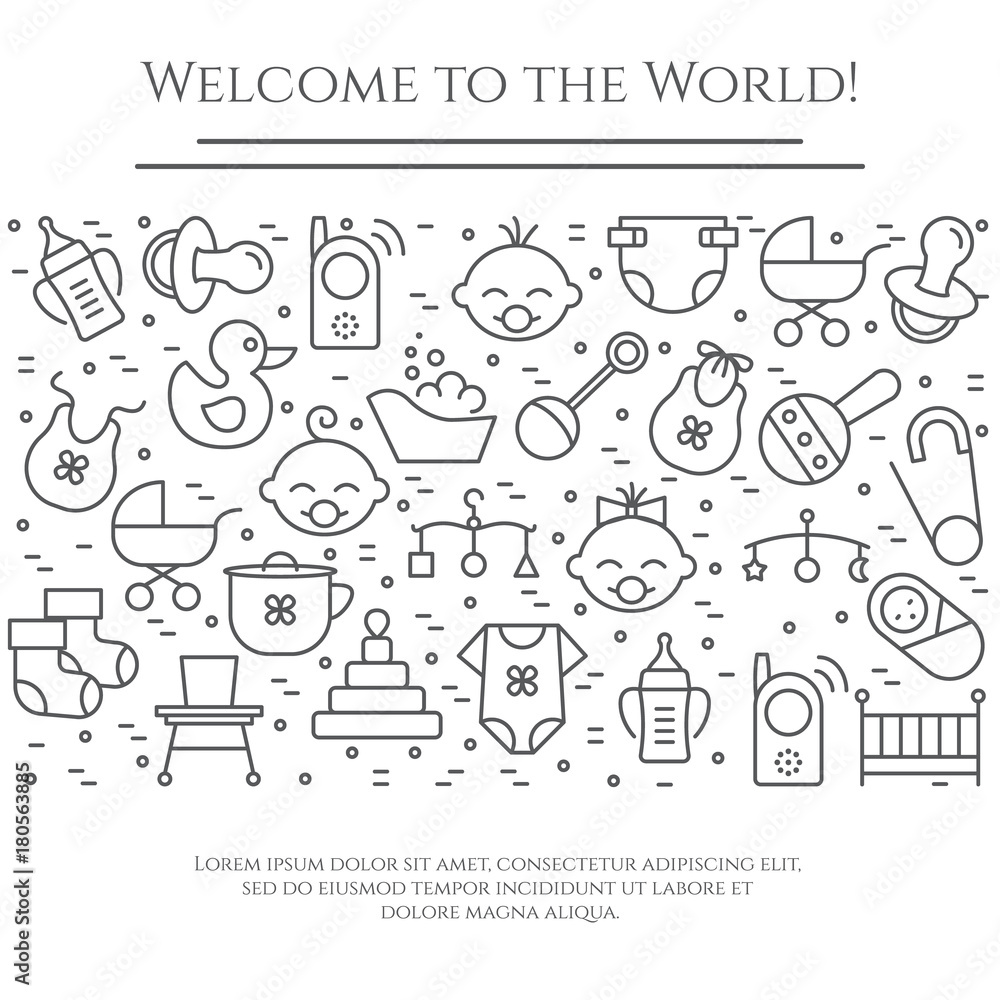 Baby theme horizontal banner. Pictograms of baby, pram, crib, mobile, toys, rattle, bottle, diaper, bathtub, cloth, bib and other newborn related elements. Line out symbols Baby theme horizontal banner. Pictograms of baby, pram, crib, mobile, toys, rattle, bottle, diaper, bathtub, cloth, bib and other newborn related elements. Line out symbols