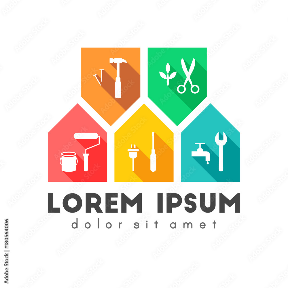 Fototapeta premium Building and maintenance concept with work tool icons. Colorful flat design with long shadow. 