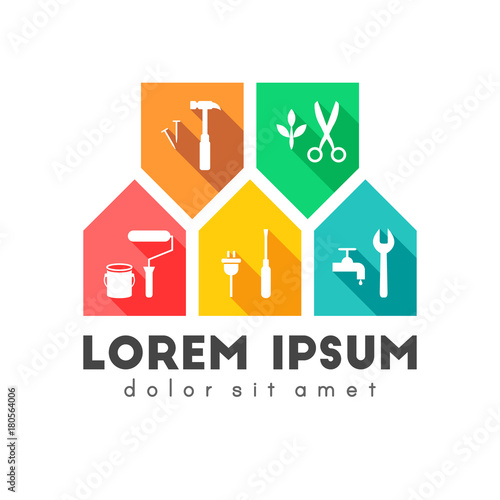 Building and maintenance concept with work tool icons. Colorful flat design with long shadow. 
