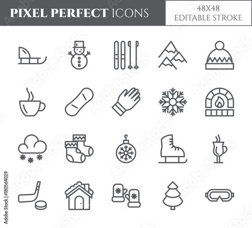 Winter vacation theme pixel perfect thin line icons. Set of elements of snow, mountains, skis, skates, sleigh, tree, clothes, hot drinks, other winter holidays related pictograms. Vector.