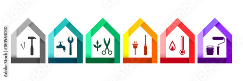 House set with various work tools as building and construction concept. Hammer, wrench, clipper, screwdriver, themometer and paint roller icons.