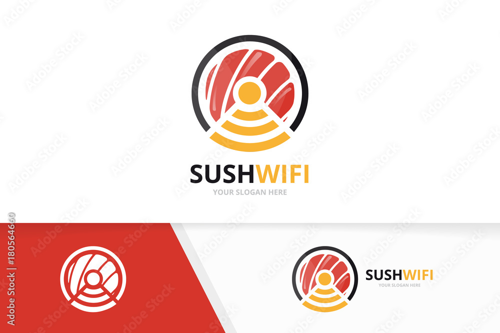 Vector sushi and wifi logo combination. Japanese food and signal symbol or icon. Unique seafood and radio, internet logotype design template. Vector sushi and wifi logo combination. Japanese food and signal symbol or icon. Unique seafood and radio, internet logotype design template.