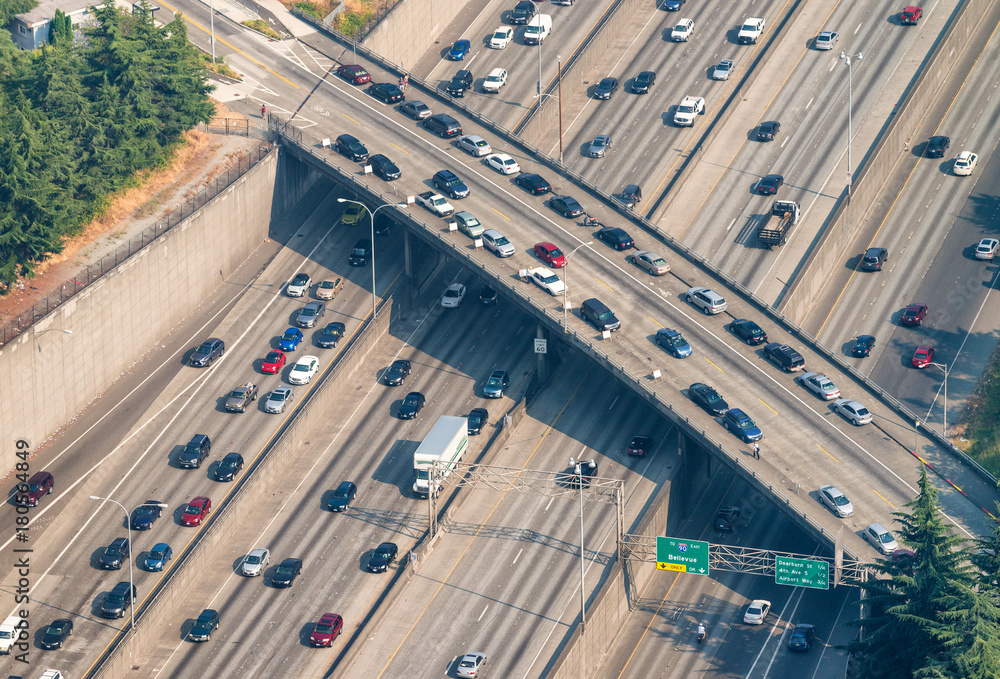 Fototapeta Heavy traffic on the interstate, overhead aerial view