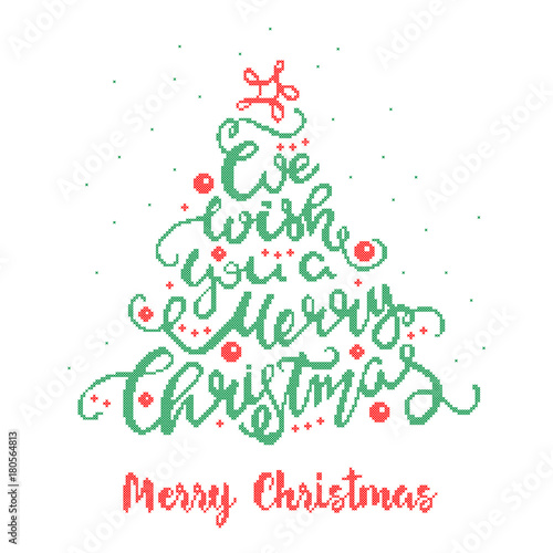 Merry Christmas - cross stitched inscription. A quote written in the form of a Christmas tree. Greeting card