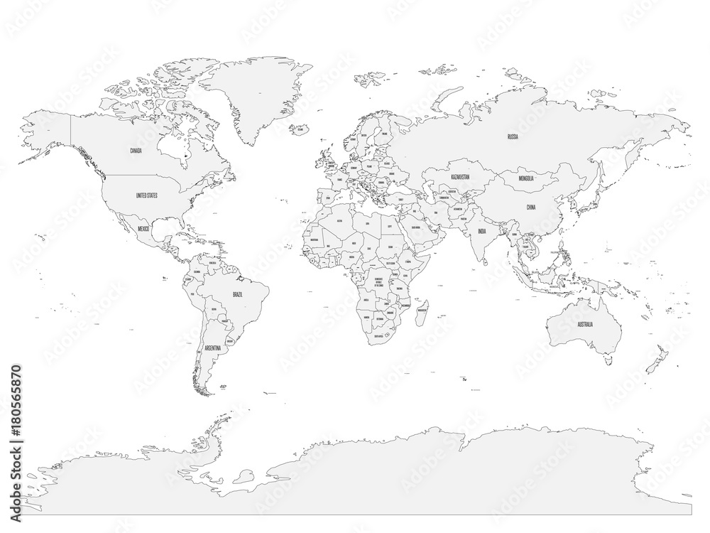 Political map of World with country names and capital cities. Gray vector map.