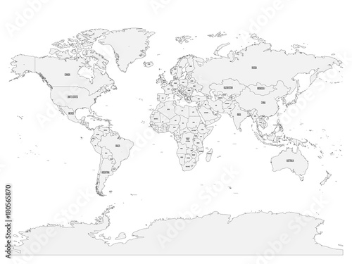 Political map of World with country names and capital cities. Gray vector map.