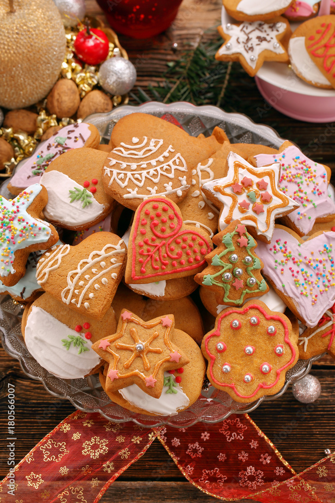 Christmas gingerbread cookies in holidays decoration