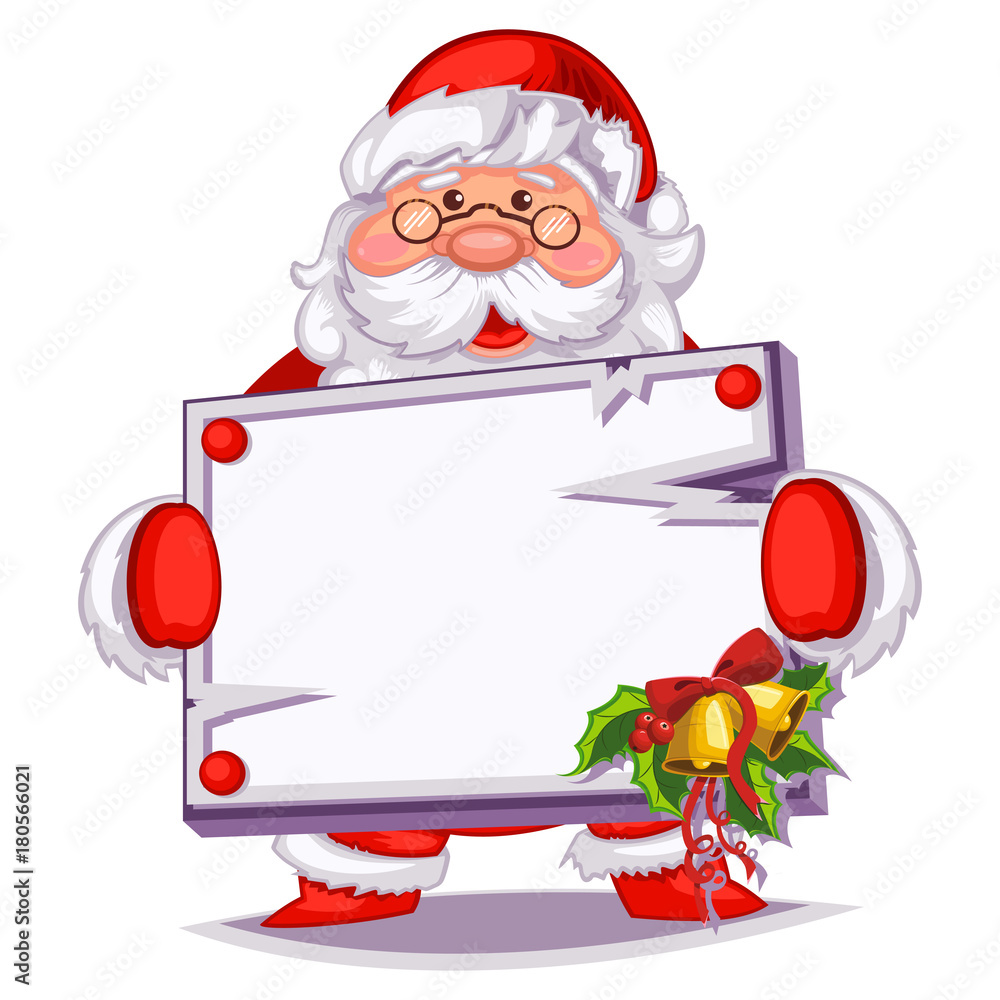 Santa Claus with a white wooden sign or message board for your text. Vector cartoon character isolated on background. Santa Claus with a white wooden sign or message board for your text. Vector cartoon character isolated on background.