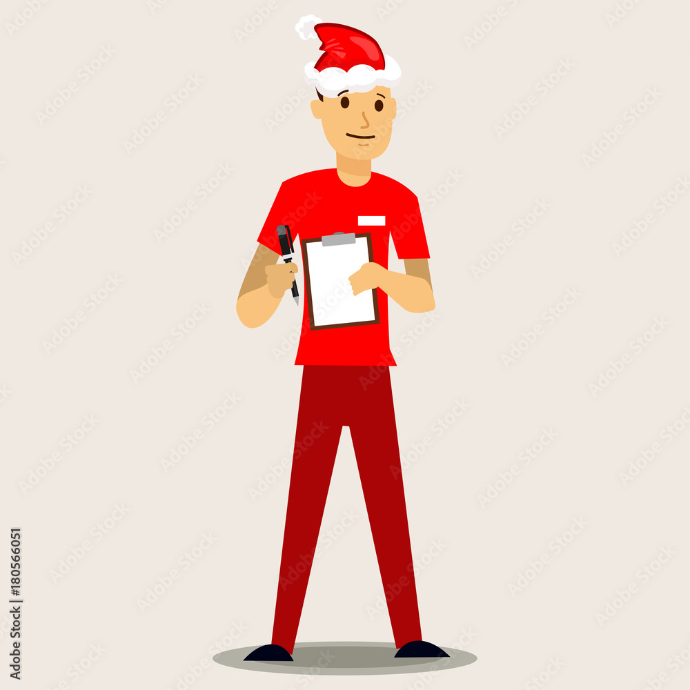 Delivery man in a red Santa hat with paper clipboard. Vector Christmas illustration isolated on background. Delivery man in a red Santa hat with paper clipboard. Vector Christmas illustration isolated on background.
