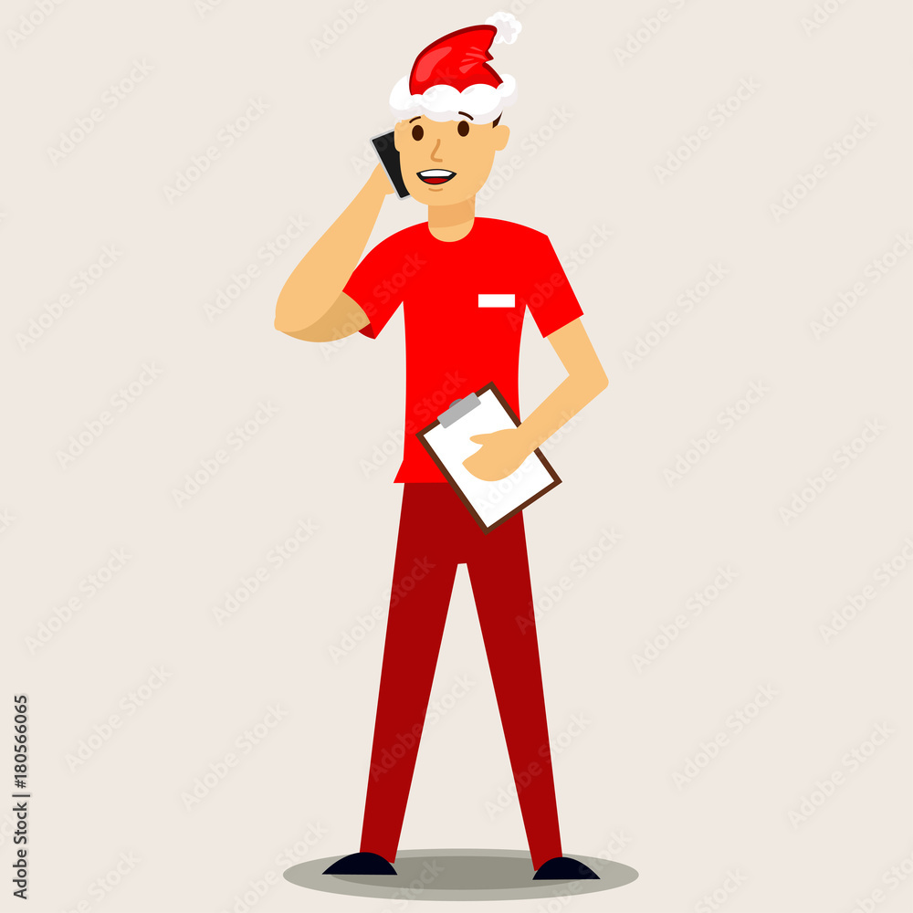 Delivery man in a red Santa hat with mobile phone. Vector Christmas illustration isolated on background. Delivery man in a red Santa hat with mobile phone. Vector Christmas illustration isolated on background.