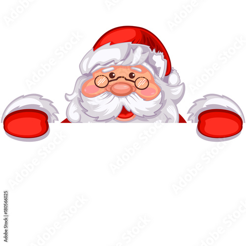 Santa Claus holding a white blank sign for your text. Cartoon vector illustration isolated.