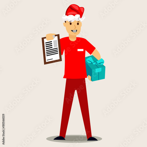 Delivery man in a red Santa hat and gift box. Vector Christmas illustration isolated on background.