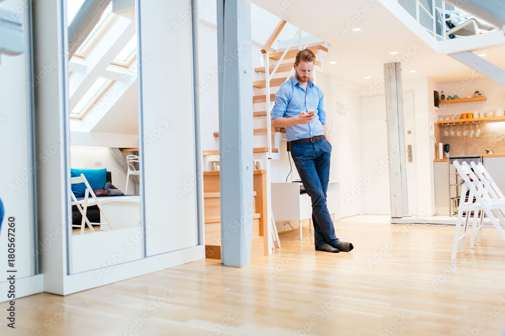 Handsome business using phone at home Handsome business using phone at home