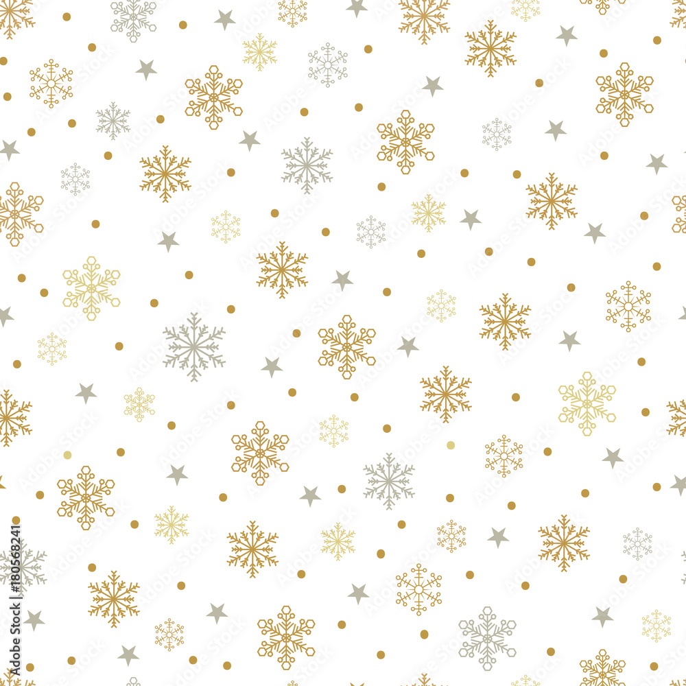 Gold and silver snowflakes and stars seamless pattern on a white background. Vector illustration. Gold and silver snowflakes and stars seamless pattern on a white background. Vector illustration.