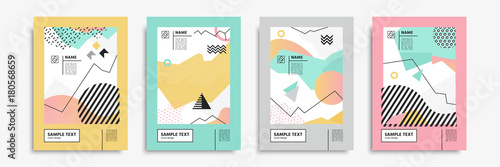 Cover set in memphis, bauhaus, hipster, geometric style. Vector templates for posters, placards, banners, brochures, presentations, covers, leaflets, catalogs. Geometric abstract backgrounds. 
