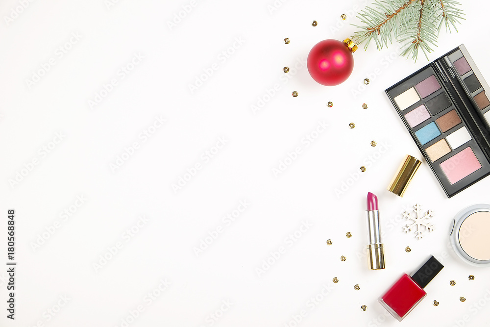 Make up cosmetic with Christmas decoration on white background flat lay - obrazy, fototapety, plakaty 