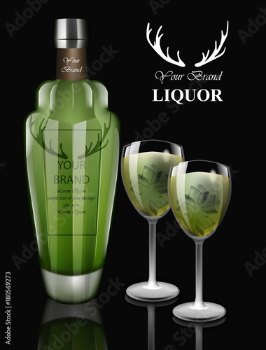 Green liquor bottle Vector. Realistic packaging product designs