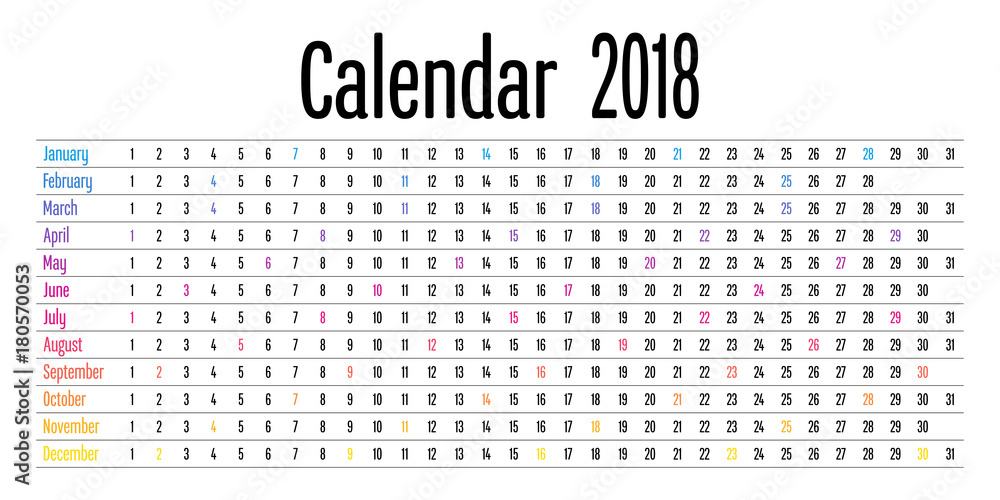 2018 Calendar Design Template Vector Illustration Simple Clear With CMY Color Theme 2018 Calendar Design Template Vector Illustration Simple Clear With CMY Color Theme