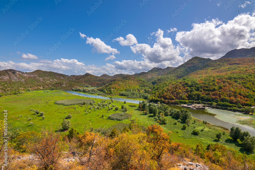 Panoramic view over Crnojevice River, Lake Skader National Park, Balkan Peninsula, Montenegro Europe