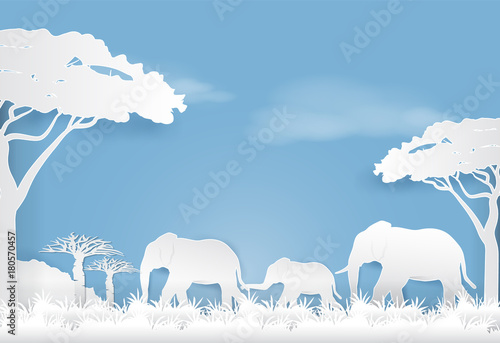 Elephants family in meadow, Paper art style nature landscape background  paper cut illustration