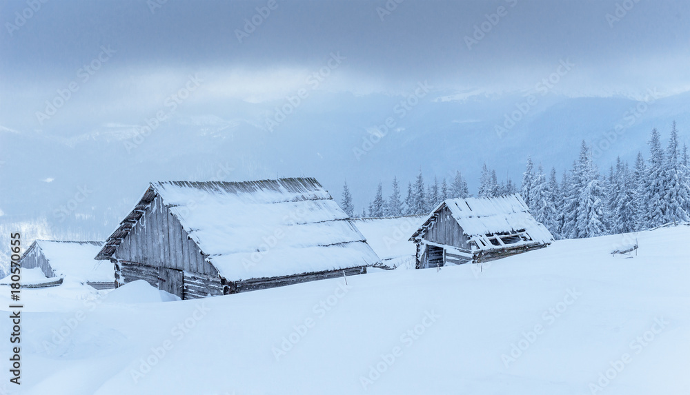Cabin in the mountains in winter. Mysterious fog. In anticipation of holidays. Carpathians. Ukraine, Europe