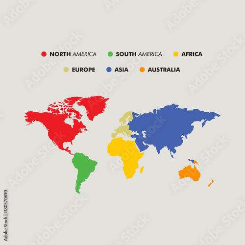 Seven continents map with national borders. Asia  Africa  North and South America  Antarctica  Europe and Australia. Detailed map under Robinson projection and English labeling on white background.