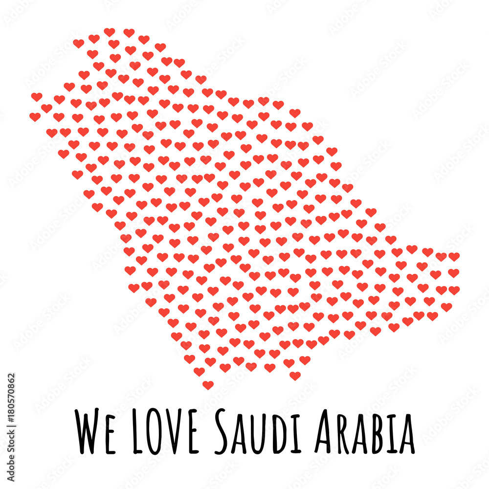 Saudi Arabia Map with red hearts - symbol of love. abstract background