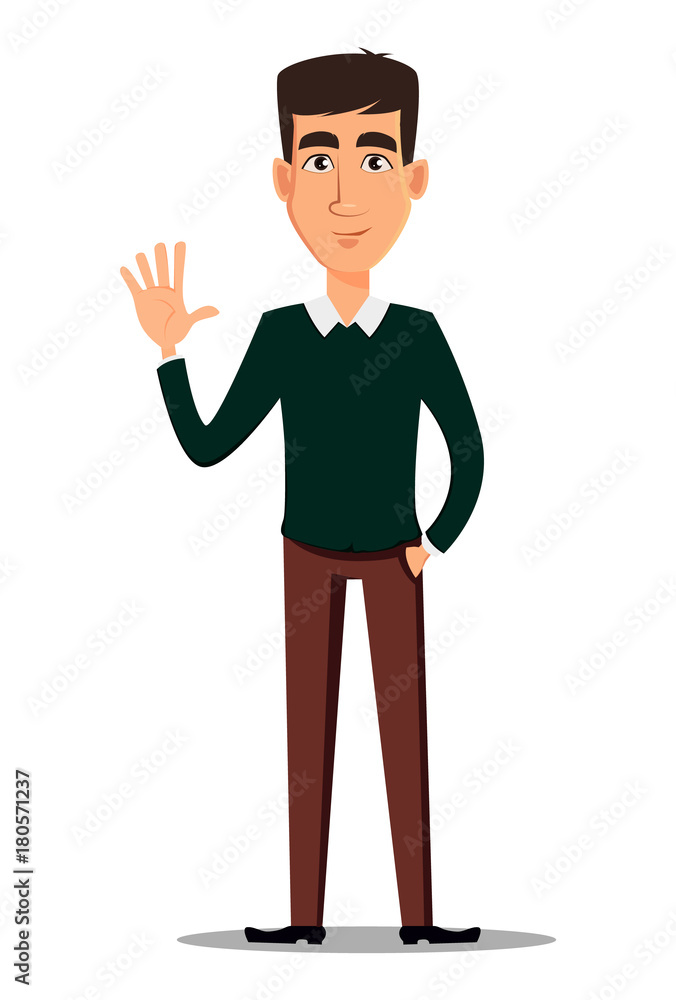 Young handsome smiling businessman in smart casual clothes showing greeting gesture Young handsome smiling businessman in smart casual clothes showing greeting gesture