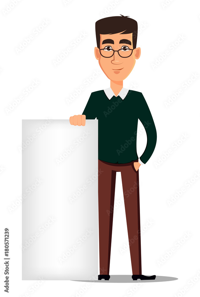 Young handsome smiling businessman in smart casual clothes standing near blank placard Young handsome smiling businessman in smart casual clothes standing near blank placard