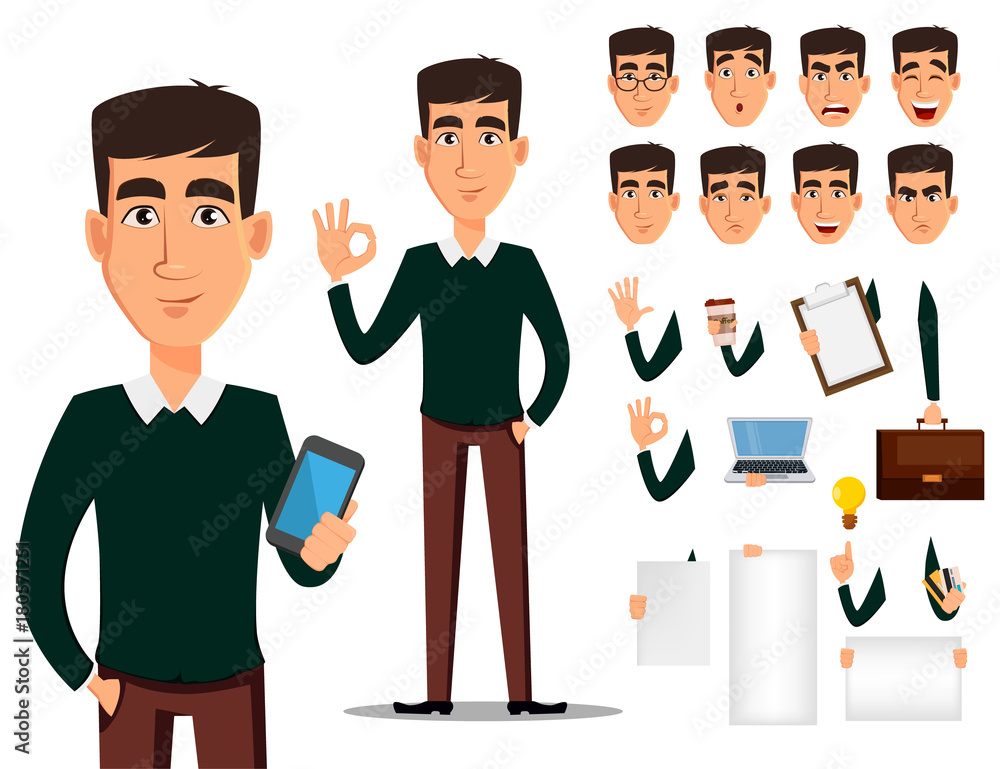 Business man cartoon character creation set. Business man cartoon character creation set.