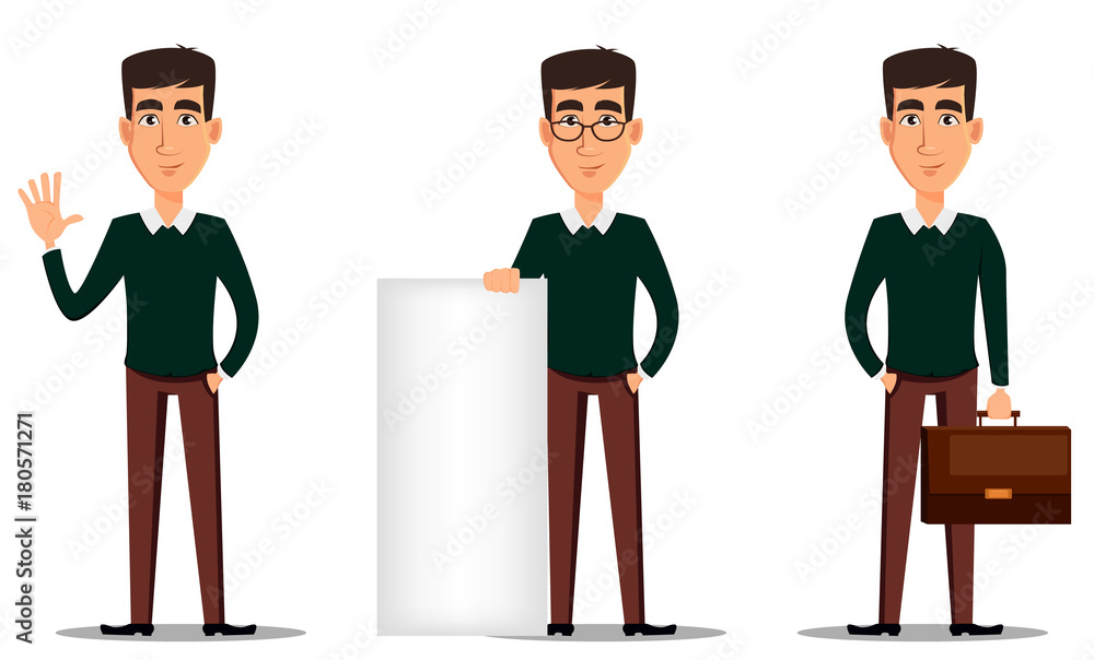 Business man cartoon character. Young handsome smiling businessman in smart casual clothes. Set of three illustrations. Stock vector Stock Vector | Adobe Stock Business man cartoon character. Young handsome smiling businessman in smart casual clothes. Set of three illustrations. Stock vector Stock Vector | Adobe Stock