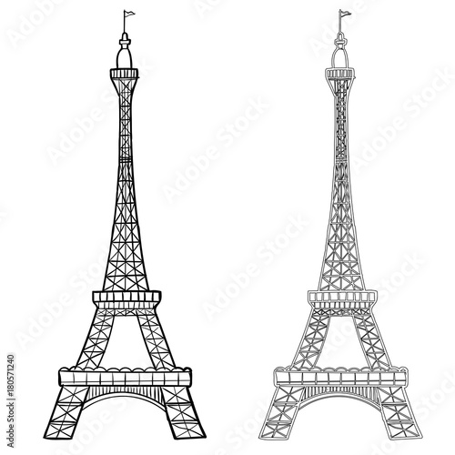 Illustration of Eiffel Tower in two styles-Vector Hand drawn