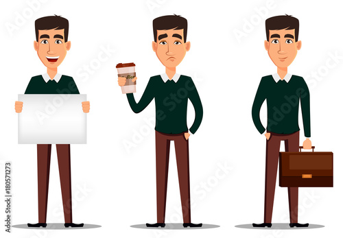 Young handsome smiling businessman in smart casual clothes with briefcase, with placard and with cup of coffee.