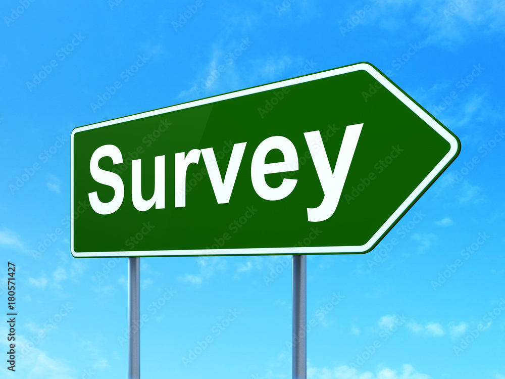 Science concept: Survey on green road highway sign, clear blue sky background, 3D rendering Science concept: Survey on green road highway sign, clear blue sky background, 3D rendering