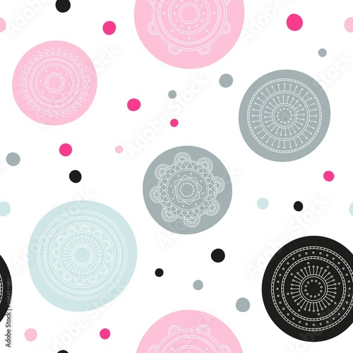 Seamless round ornament pattern. Hand drawn background. Vector repeating texture.